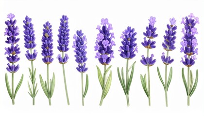 Naklejka premium Isolated beautiful purple lavender flowers vector illustration on a white background, suggesting a summer nature field blossom