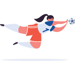 Female Goalkeeper Leaping to Catch Soccer Ball Mid-Air Wearing White Blue Red Uniform with Number 7 on Transparent Background