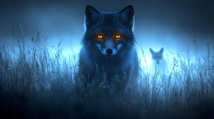 Obraz premium Two enchanting foxes emerge from the misty grasslands, their eyes aglow with an otherworldly light as dawn approaches