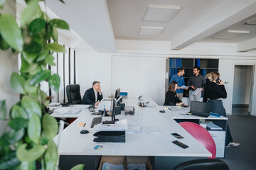 Employees collaborate and engage in discussions while working in a modern and spacious office environment.