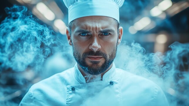 Confident chef in a bustling kitchen, surrounded by steam and an atmosphere of culinary creativity