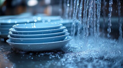 Stacked blue plates glisten as water pours over, capturing the essence of a serene kitchen moment