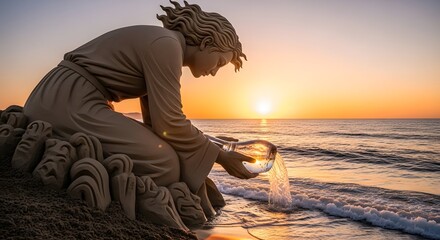 Detailed sand sculpture of a woman pouring water from a bowl into the ocean at sunset, with intricate carvings at the base.