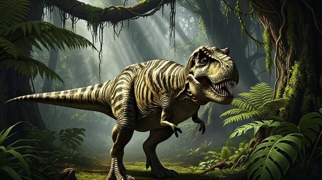 Massive T-Rex roaring in jungle, a fierce predator, danger, and primal power video