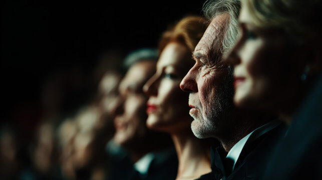 Group of elegantly dressed serious people sitting in a row under low lighting with focused expressions looking forward at an event or performance indoors - Powered by Adobe