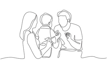 Continuous one line drawing of mother gently holding toddler to face playful father, family moment concept, single line art.