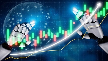 A concept image showing a robotic hand interacting with a stock market chart, highlighting the role of technology and AI in finance and investment strategies. Copula