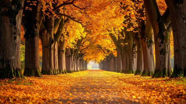 Golden autumn foliage covers a tree-lined path leading to a distant bright clearing on a sunny day