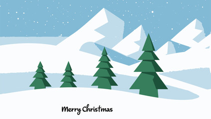 Obraz premium Winter landscape with pine trees and snowy mountains greeting card background