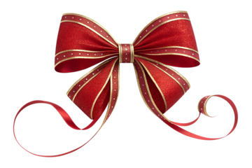 Elegant red bow with curled ribbon tails and shiny highlights. Ideal for holiday marketing, packaging, invitations, and winter campaign visuals.