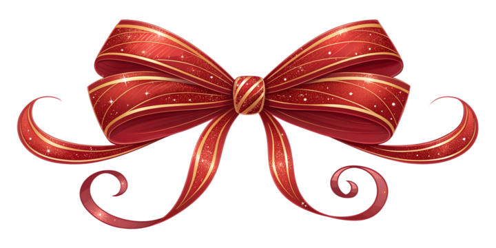 Elegant red bow with curled ribbon tails and shiny highlights. Ideal for holiday marketing, packaging, invitations, and winter campaign visuals.