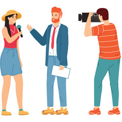 Female Reporter Interviews Man With Microphone While Cameraman Films Event In A Professional Setting With Simple Modern Graphics