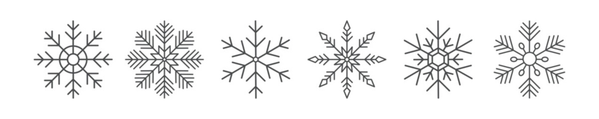 Minimalist line art snowflake icon collection: winter holiday design elements.
