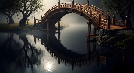 A serene wooden arched bridge gracefully spanning over a tranquil misty lake, reflecting its elegant structure and surrounding trees.
