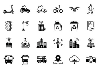 Glyph icon set of smart city technology, including electric transportation, renewable energy, and urban infrastructure symbols