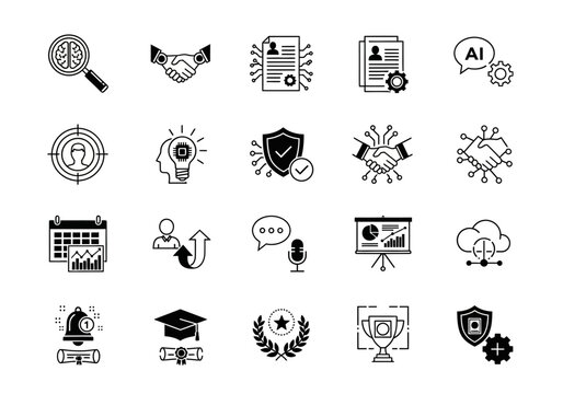 A minimalist line icon collection depicting corporate themes such as human resources, data analytics, artificial intelligence, and career success