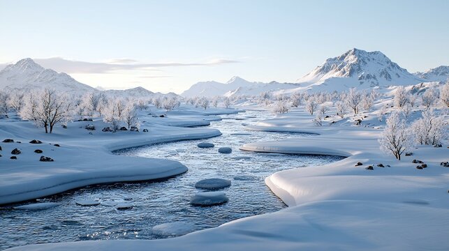 A picturesque winter scene unfolds with a winding river flowing through a snow-covered landscape, framed by frosted trees and majestic snow-capped mountains und