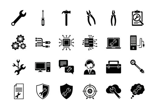 Set of monochrome glyph icons for computer repair, IT support, technical assistance, and system maintenance services