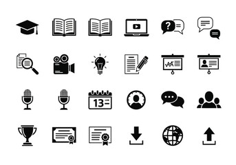 Collection of black glyph icons representing e-learning, digital education, online courses, and communication symbols