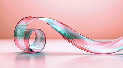 A smooth, translucent ribbon with swirling pink and teal colors curves gracefully across a light surface.