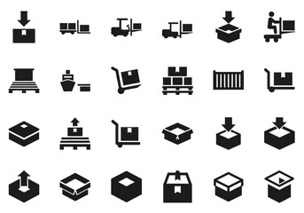 Minimalist glyph icon set for logistics, cargo shipping, freight transport, and warehouse services