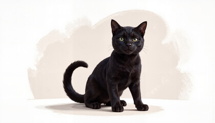 Black cat sitting confidently against a soft, light background