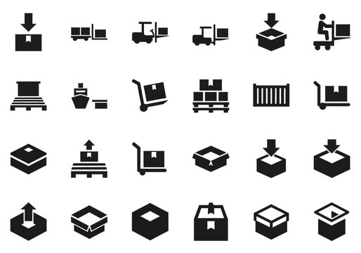 Minimalist glyph icon set for logistics, cargo shipping, freight transport, and warehouse services