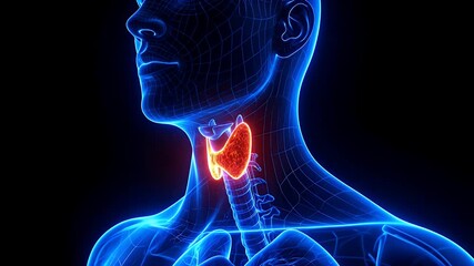 Animated Human Body with Thyroid Gland Highlighted on Blue Digital Anatomical Structure