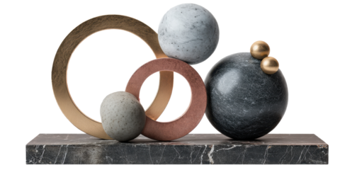 Abstract geometric sculpture with spheres and rings on marble pedestal
