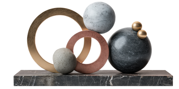 Abstract geometric sculpture with spheres and rings on marble pedestal