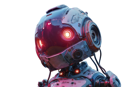 Futuristic robot head with glowing eyes in red color on transparent background