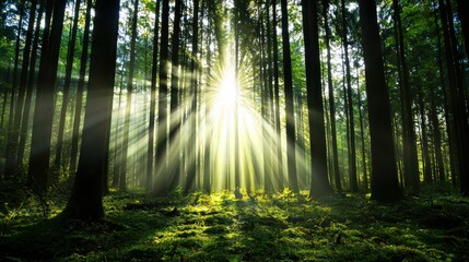 Sunlit forest glade with rays of light piercing through the trees, styled for tranquility