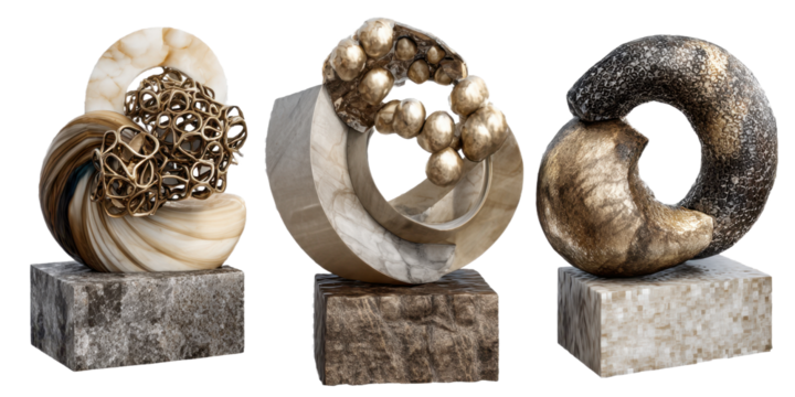 Collection of three abstract sculptures on stone pedestal in studio shot