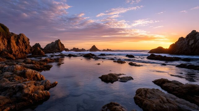 A vibrant sunset casts a warm glow over a rocky coastline with calm tide pools reflecting the colorful sky
