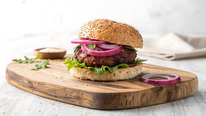 A vegan burger with red onion rings on a wooden board, isolated on white background, showcasing a healthy and delicious plantbased alternative