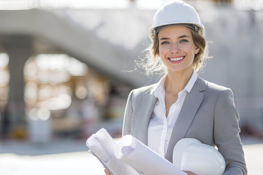 Female Engineer with Blueprints at Construction Site - Powered by Adobe