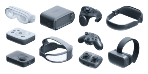 Set of Isolated Gray Virtual Reality Headsets and Controllers in Isometric View