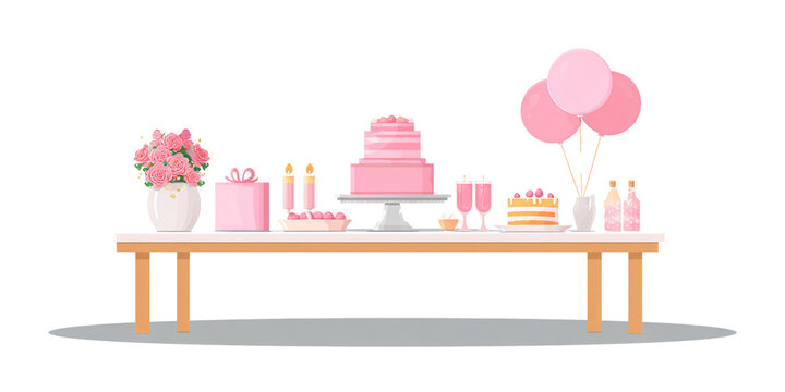 Pink themed birthday party table with cake, balloons, gifts, and flowers for a girls celebration Festive indoor party decoration concept