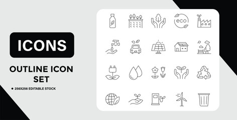 Outline Icon Set Environmental Sustainability Renewable Energy and Eco Friendly Practices