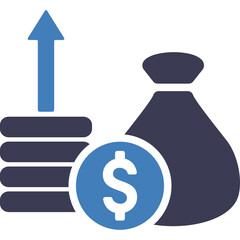 Financial Growth Represented By Stacked Coins and Money Bag with Upward Arrow Icon Blue and Dark Gray Against Transparent Background
