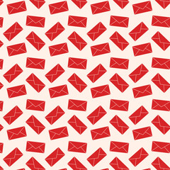 Seamless pattern with red envelopes on light background. Modern festive postal design perfect for Christmas wrapping paper, Valentines Day, invitations, and winter holiday projects.