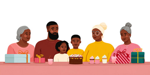 Happy African American family celebrating birthday with cake and gifts indoors Generational family portrait of grandparents, parents, and children enjoying party Concept of love, togetherness, and cel