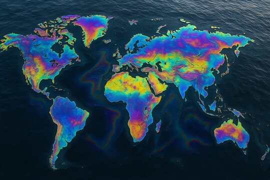 Vibrant multicolor world map formed by iridescent oil spill patterns floating across dark ocean surface, global environmental pollution concept showing rainbow contamination effect highlighting contin - Powered by Adobe