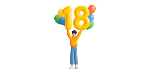 Joyful teenager holding number 18 balloon with colorful balloons celebrating his eighteenth birthday Concept of milestone, celebration, and coming of age