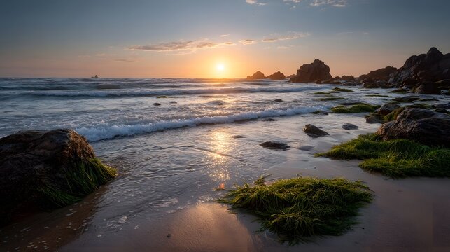 A serene beach scene at sunset with gentle waves washing over rocks and seaweed
