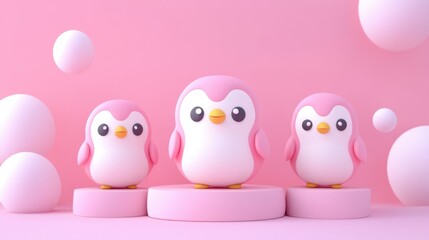 Obraz premium Cute Pink Penguin Figurines on Pink Background with Soft Orbs