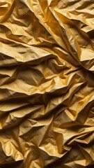 Crumpled gold paper texture with layered folds and creases, abstract surface for design, craft, and decorative background use.