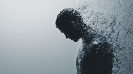 Human silhouette dissolving into water as if made of tears, fading into empty background, perfect for symbolic grief, emotional collapse, and existential despair concept.