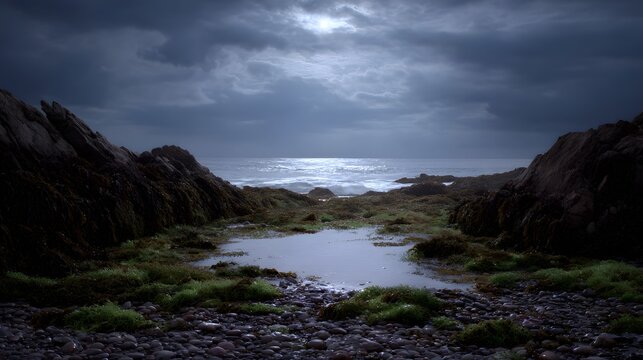 A dramatic coastal landscape featuring a tide pool wet rocks covered in seaweed and the sea under a cloudy moonlit sky