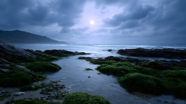 A serene coastal landscape under moonlight with tide pools mossy rocks and gentle waves - Powered by Adobe